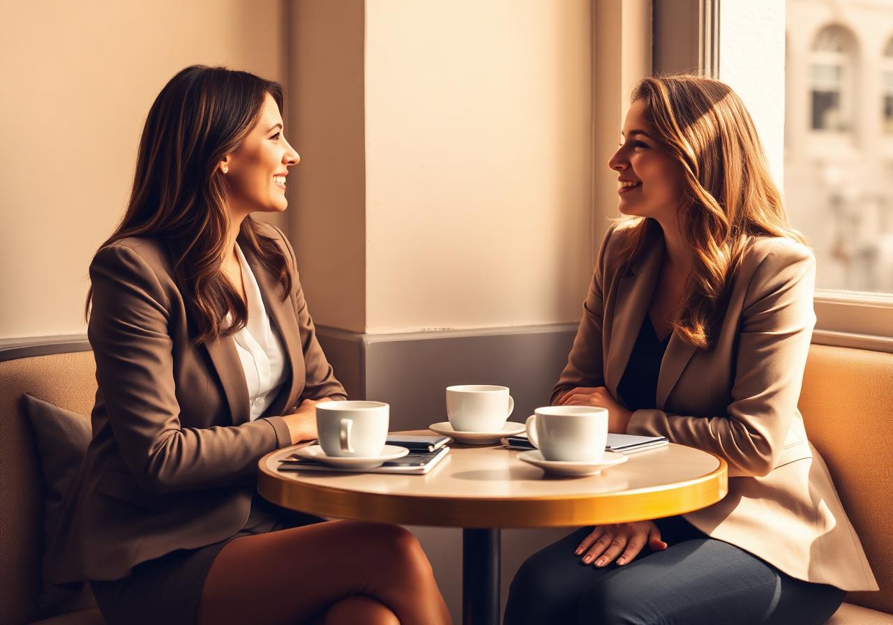 Two professionals in conversation over coffee